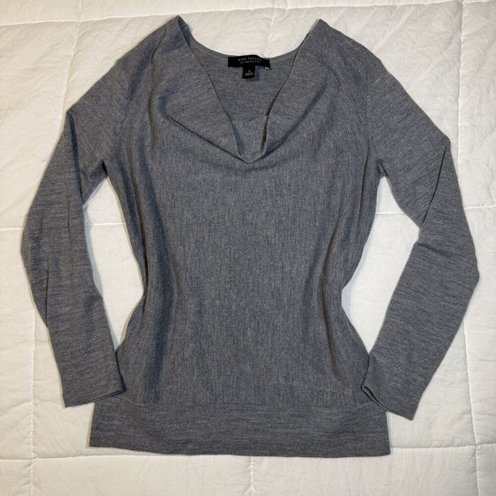 Ann Taylor Sweater Grey Merino Wool Cowl Neck Women Pullover Knit Small